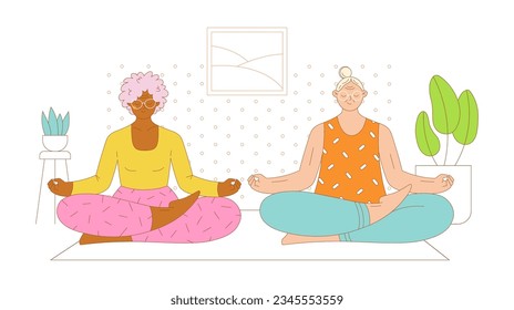 Two elderly women friends sitting together on the floor in meditation poses. Flat outlined colorful vector illustration.