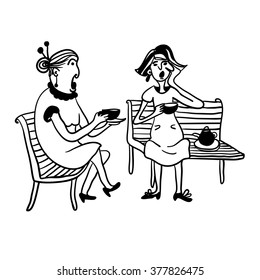 two elderly women gossiping and drinking tea on a bench contour comic vector illustration
