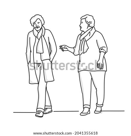 Two elderly women walk talking. Hand drawn vector illustration. Black and white.