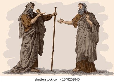 Two elders in ancient Greek clothes drink wine from the horn and talk.