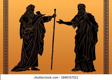 Two elders in ancient Greek clothes drink wine from the horn and talk.