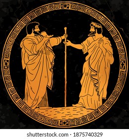 Two elders in ancient Greek clothes drink wine from the horn and talk. Drawing in a frame with national ornament meander on antique dishes.