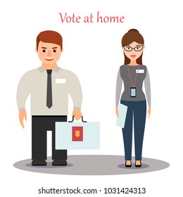 Two election Commission members with a portable ballot box. Vote at home, outside the voting room. Vector illustration.