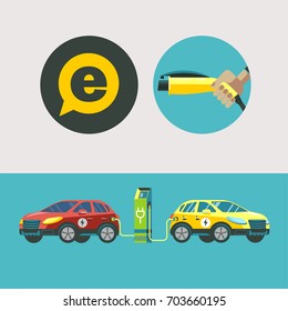 Two electric car at a charging station. Service electric vehicles. Vector illustration. Flat style.