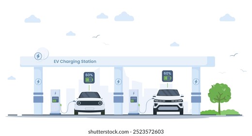 Two electric cars charge simultaneously at a station with city silhouette in the background. Battery levels indicator UI are at 60%. Perfect for sustainable transportation and reducing emissions.