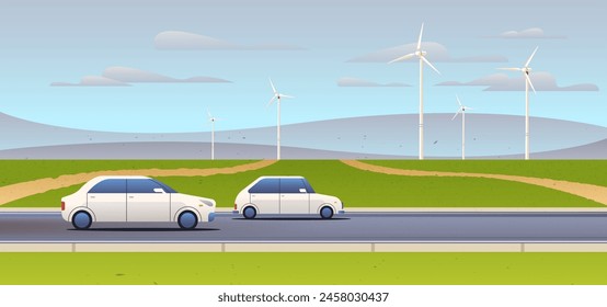 Two electric cars drive along the highway. Flat vector environmentally friendly landscape