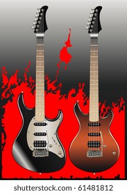 Two electric guitars placed on a flame background