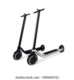 Two electric kick scooters on battery realistic monochrome composition on white background vector illustration