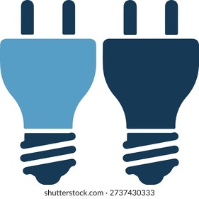 Two electric plugs, one light blue and one dark blue, on a white background, symbolizing power and connection