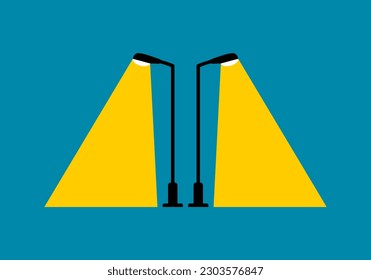 Dos luces eléctricas de poste de luz de la calle iluminan por la noche sobre el diseño de vectores de icono plano de fondo azul.