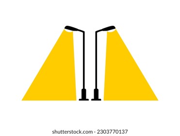 Dos luces eléctricas de poste de luz de la calle iluminan por la noche sobre el diseño de vectores de icono plano de fondo blanco.