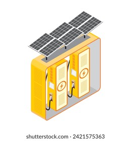 Two electric vehicle charging box facility with solar panel module for electrical energy sources. Isometric and 3D vector illustration of future transportation technology.