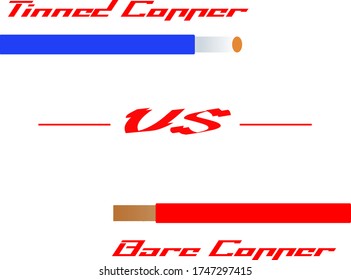 two electrical cables and the words "tinned copper", "vs" and "bare copper"
