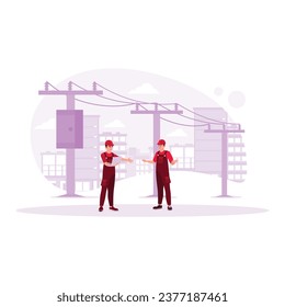 Two electrical engineers use a laptop near the power plant to view the new work project plan. Engineering concept. Trend Modern vector flat illustration