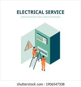 Two electrical installers are repairing and adjusting the electrical panel to supply electricity.Concept for the provision of electrical services.