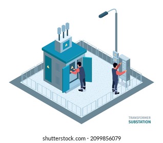 Two electrical technicians doing electric work checking or repairing transformer substation 3d isometric vector illustration