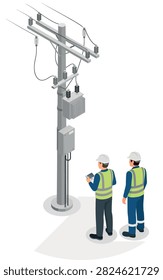 Two electrical workers inspecting a power utility pole Vector, illustration