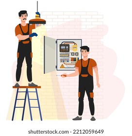 Two electricians hanging the lamp and repairing wire and conductors in the breaker box. Electricity services, electrical works. Energy-efficient lamp. Advertisement, banner. Flat vector illustration.