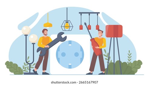 Two electricians holding giant tools surrounded by various lamps and a socket, flat cartoon style on a blue abstract background. Concept of electrical work. Vector illustration