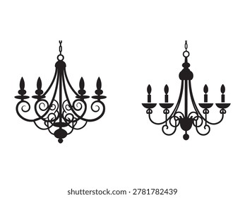 Two elegant black chandeliers with multiple arms and candle holders hanging from chains on white background decorative lighting fixtures