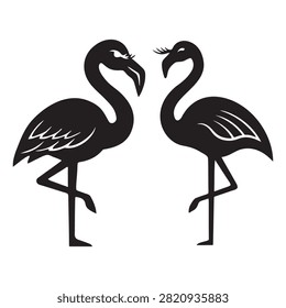 Two elegant black flamingo birds standing facing each other in a simple graphic style Vector