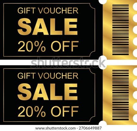 Two elegant black and gold gift vouchers for a 20% off sale, featuring bold typography and a barcode section, designed for promotional offers and discounts.