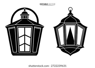 Dos elegantes faroles de silueta negra representados en un estilo vintage, perfectos para usos decorativos.