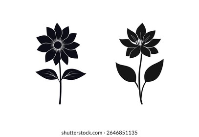 Two elegant black vector flower icons are displayed on a clean white background. Each flower has unique petal designs and stems with leaves, simplistic, striking.