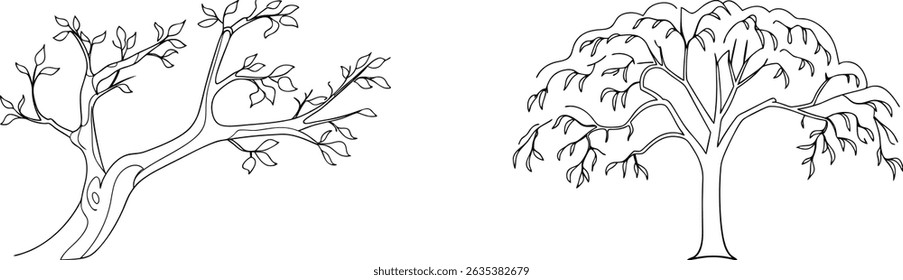 Two elegant black and white tree illustrations showcasing nature and botanical elements