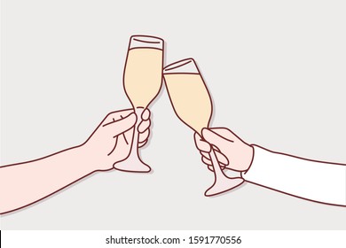 Two elegant champagne glasses. Hand drawn style vector design illustrations.