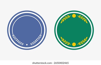 two elegant circular badges one in deep blue with a dotted border, and one in green with a golden laurel wreath. Perfect for awards, certifications, product labels, or branding