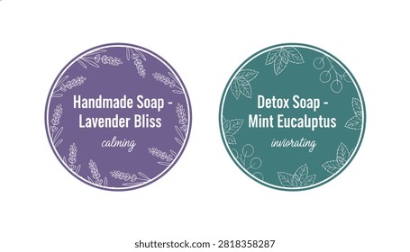 Two elegant circular labels for handmade soap products Lavender Bliss and Mint Eucalyptus with botanical sketches.