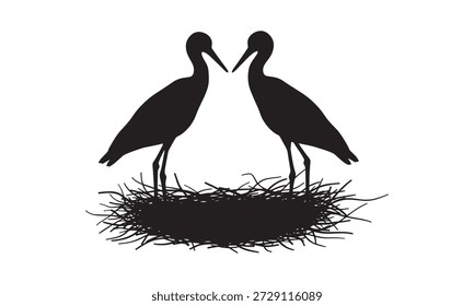 Two elegant cranes standing in a nest, representing love and new beginnings.
