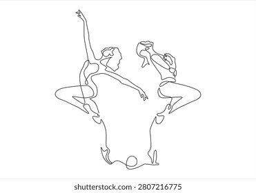 Two elegant dancers in graceful poses, one silhouette and one outline, isolated on background. continuous line drawing. Editable stroke.    dancer, performance, woman, motion, movement, yoga, female, gymnastics, graceful, lifestyle, silhouette, ballet, pose, creative, design, line, outline, elegance, figure, continuous, sport, modern, flexibility, fitness, exercise, body, active, people, fluid, balance, choreography, simple, feminine, friendship, contemporary, joy, training, concept, celebration, beauty, happy, fun, energetic, expressive, human, interaction, jump, partner, physical