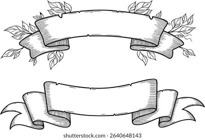 Two elegant decorative engraved banners with floral embellishments in a clean black and white design