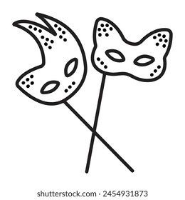 Two elegant eye masquerade masks with sticks, vector black line icon