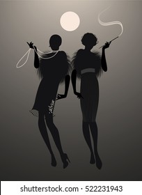 Two elegant flapper girl silhouettes under the moon