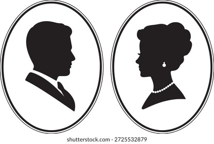Dos elegantes siluetas negras enmarcadas de un hombre formal y una mujer sofisticada, que recuerdan a los retratos clásicos.