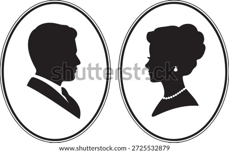 Two elegant framed black silhouettes of a formal man and a sophisticated woman, reminiscent of classic portraits.
