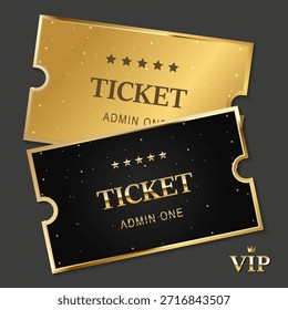 Zwei elegante Gold- und Schwarz-VIP-Tickets mit goldenem Funkeln. Luxuriöse Vektorvorlage für Premium-Events, Konzerte und Kino. Perfekt für exklusiven Zugang und Feier Einladung.