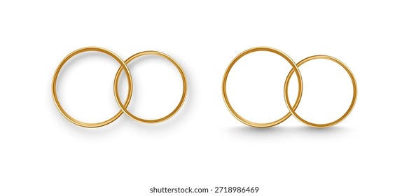  Dos elegantes anillos de boda de oro con brillo metálico realista, perfecto para invitaciones de matrimonio, conceptos de joyería nupcial o diseños románticos de aniversario sobre fondo blanco.