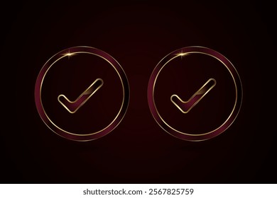 Two elegant golden checkmarks, each enclosed in a glossy circular frame. The frames feature a gradient of deep burgundy and black, accented with a subtle sparkle at the top