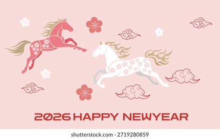 Dos elegantes caballos saltando uno hacia el otro en una pose dinámica acompañada de flores de cerezo e ilustraciones tradicionales de nubes La obra de arte utiliza tonos de rosa y rojo para crear una representación elegante y artística del próximo año lunar