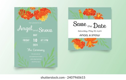 Two elegant invitation cards for the wedding celebration. Hand-drawn flowers on plain backgrounds. Naive hand-drawn botanics style. Vector illustration.