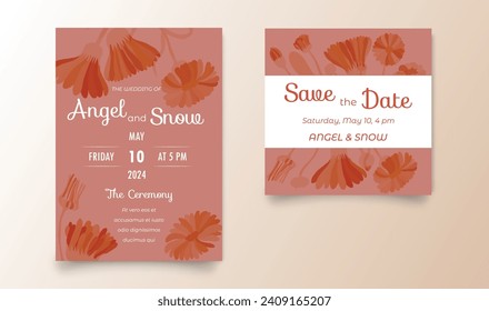 Two elegant invitation cards for the wedding celebration. Hand-drawn flowers on plain backgrounds. Naive hand-drawn botanics style. Vector illustration.