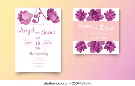 Two elegant invitation cards for the wedding celebration. Hand-drawn African violets on two cards. Ink leaf imprint adds texture to each card. Color gradient on the background. Vector illustration.