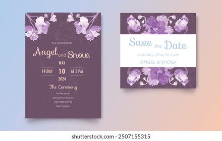 Two elegant invitation cards for the wedding celebration. Hand-drawn African violets on two cards. Ink leaf imprint adds texture to each card. Color gradient on the background. Vector illustration.