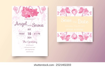 Two elegant invitation cards for the wedding celebration. Hand-drawn African violets on two cards. Ink leaf imprint adds texture to each card. Color gradient on the background. Vector illustration.