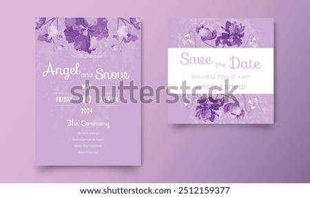 Two elegant invitation cards for the wedding celebration. Hand-drawn African violets on two cards. Ink leaf imprint adds texture to each card. Color gradient on the background. Vector illustration.