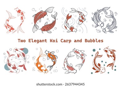 Two Elegant Koi Carp Illustrations with Bubbles and Japanese Fish Art Vector Set